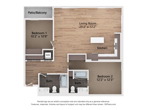Floor plan for 2 beds, 2 baths, 1163 sqft